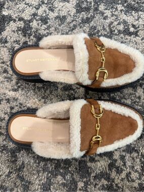 NEW Stuart Weitzman Shearling Horsebit Mule Loafers | Camel Suede | US 5.5